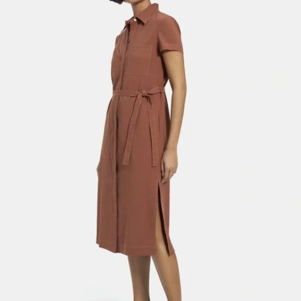 Theory Short Sleeve Shirtdress Linen Terracotta Soft Crunch Burnt Orange Size 4 - Picture 2 of 16